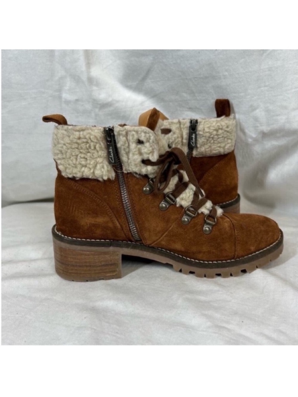 Clarks Roseleigh dark tan suede faux fur trim heel ankle boots rustic cabin
